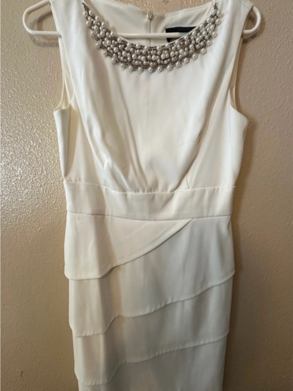 connected apparel Ivory Beaded Neck Tiered Sheath Dress